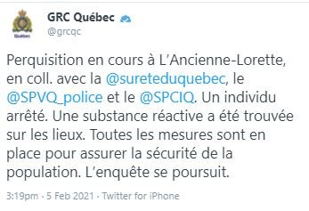 DES EXPLOSIFS AURAIENT ÉTÉ DÉCOUVERT LORS D'UNE PERQUITIION À L'ANCIENNE-LORETTE